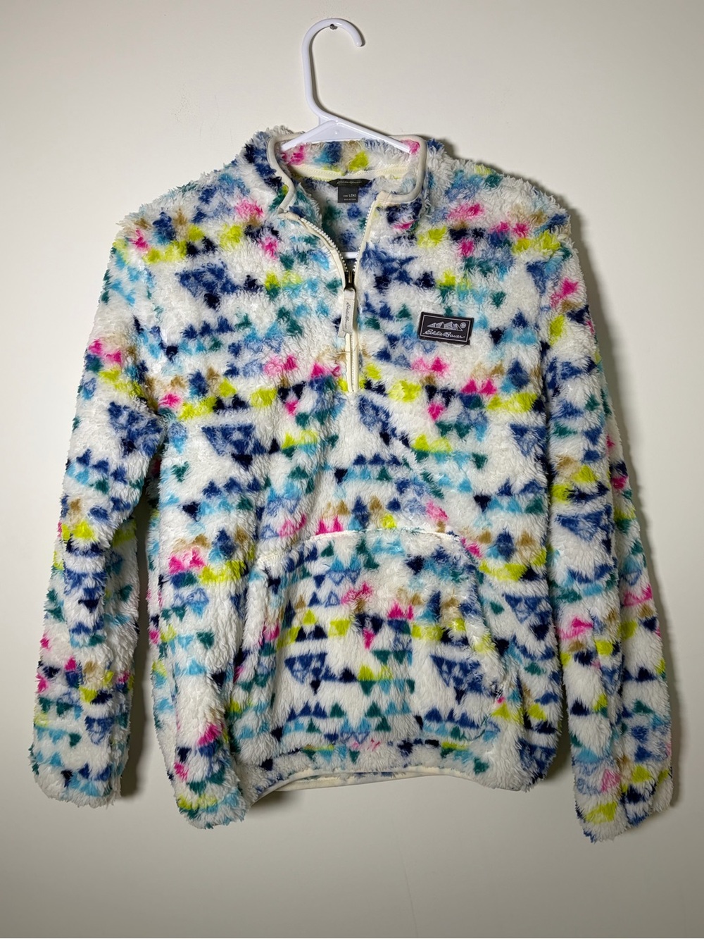 Eddie Bauer Kids Large White Fuzzy Pullover with Blue, Pink & Green Accents